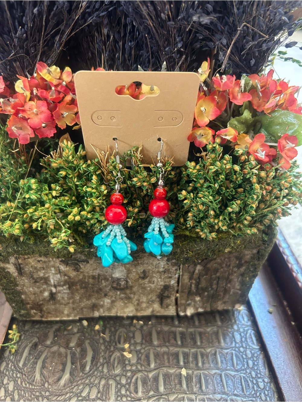 Handmade Red and Turquoise Beaded Drop Earrings